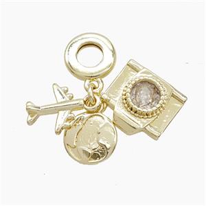 Copper Airplane And Footprint Camera Pendant Crystal Glass Gold Plated, approx 10-14mm, 10mm dia