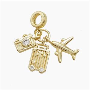 Copper Airplane And Suitcase Camera Pendant Pave Zirconia Gold Plated, approx 7-12mm, 7mm dia