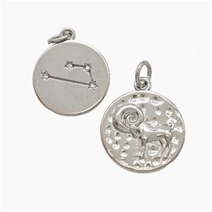 Zodiac Aries Copper Pendant Pave Zirconia Hammered Platinum Plated, approx 15mm