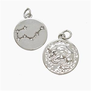 Zodiac Taurus Copper Pendant Pave Zirconia Hammered Platinum Plated, approx 15mm
