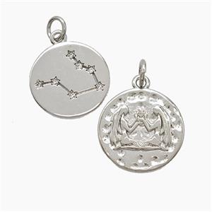 Zodiac Gemini Copper Pendant Pave Zirconia Hammered Platinum Plated, approx 15mm