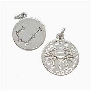 Zodiac Cancer Copper Pendant Pave Zirconia Hammered Platinum Plated, approx 15mm