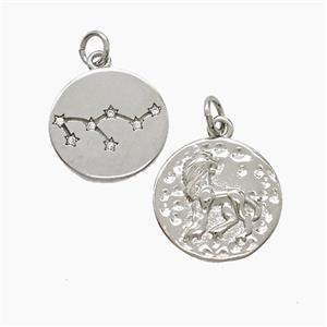 Zodiac Leo Copper Pendant Pave Zirconia Hammered Platinum Plated, approx 15mm