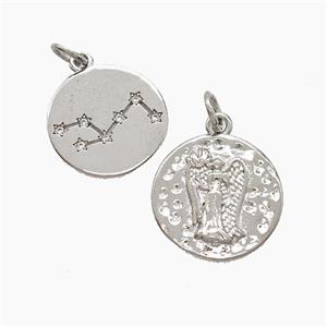 Zodiac Virgo Copper Pendant Pave Zirconia Hammered Platinum Plated, approx 15mm