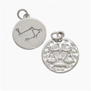 Zodiac Libra Copper Pendant Pave Zirconia Hammered Platinum Plated, approx 15mm