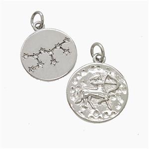 Zodiac Sagittarius Copper Pendant Pave Zirconia Hammered Platinum Plated, approx 15mm
