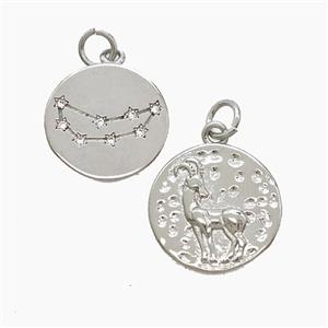 Zodiac Capricorn Copper Pendant Pave Zirconia Hammered Platinum Plated, approx 15mm