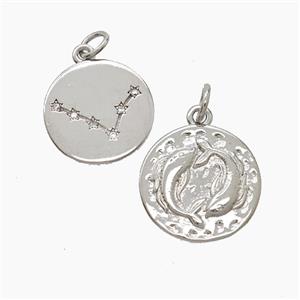 Zodiac Pisces Copper Pendant Pave Zirconia Hammered Platinum Plated, approx 15mm