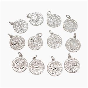 Copper Zodiac Pendant Pave Zirconia Hammered Platinum Plated Mixed, approx 15mm