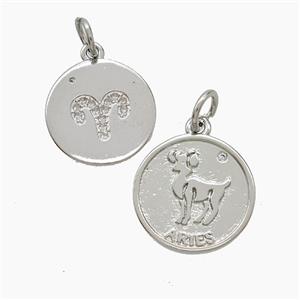 Zodiac Aries Copper Pendant Pave Zirconia Platinum Plated, approx 16mm