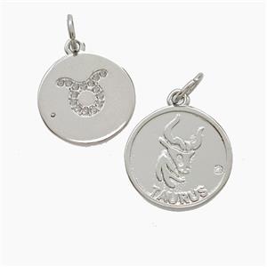 Zodiac Taurus Copper Pendant Pave Zirconia Platinum Plated, approx 16mm