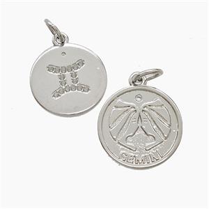 Zodiac Gemini Copper Pendant Pave Zirconia Platinum Plated, approx 16mm