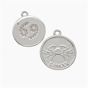 Zodiac Cancer Copper Pendant Pave Zirconia Platinum Plated, approx 16mm