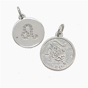 Zodiac Leo Copper Pendant Pave Zirconia Platinum Plated, approx 16mm