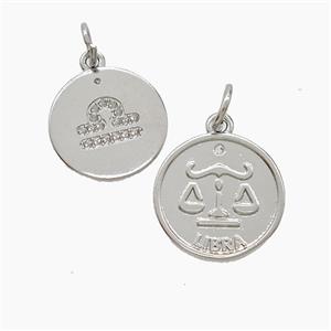 Zodiac Libra Copper Pendant Pave Zirconia Platinum Plated, approx 16mm