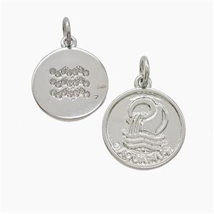 Zodiac Aquarius Copper Pendant Pave Zirconia Platinum Plated, approx 16mm