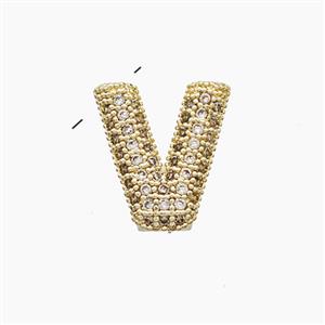 Copper Letter-V Pendant Pave Zirconia Gold Plated, approx 10-13mm