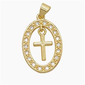 Copper Oval Pendant Pave Zirconia Cross 18K Gold Plated, approx 7-10mm, 15-20mm