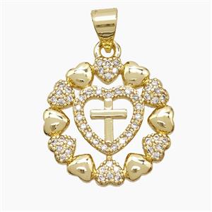 Copper Cross Heart Pendant Pave Zirconia 18K Gold Plated, approx 18mm