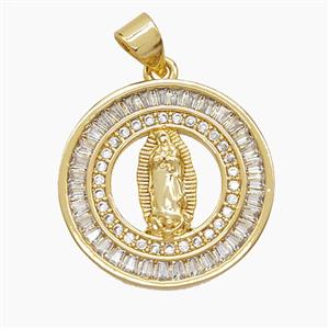 Copper Virgin Mary Pendant Pave Zirconia 18K Gold Plated, approx 20mm