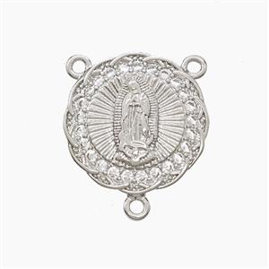 Copper Virgin Mary Pendant Pave Zirconia 3loops Platinum Plated, approx 17mm