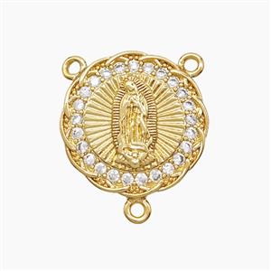 Copper Virgin Mary Pendant Pave Zirconia 3loops 18K Gold Plated, approx 17mm