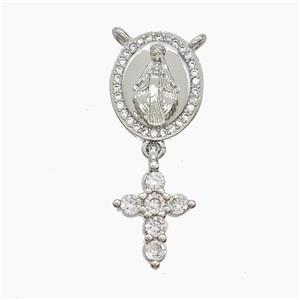 Copper Virgin Mary Pendant Pave Zirconia Cross 2loops Platinum Plated, approx 9-13mm, 11-13mm