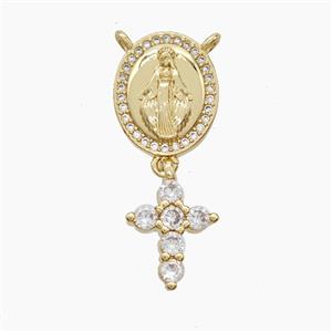 Copper Virgin Mary Pendant Pave Zirconia Cross 2loops 18K Gold Plated, approx 9-13mm, 11-13mm