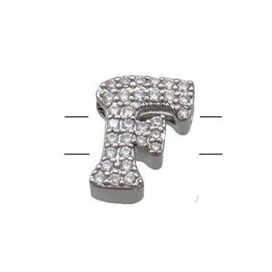 Copper Letter-F Beads Pave Zirconia 2holes Platinum Plated, approx 10-13mm