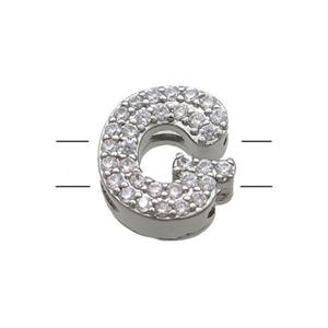 Copper Letter-G Beads Pave Zirconia 2holes Platinum Plated, approx 10-13mm