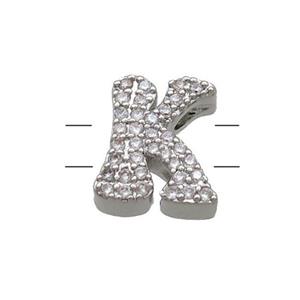 Copper Letter-K Beads Pave Zirconia 2holes Platinum Plated, approx 10-13mm