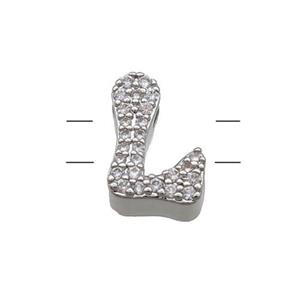 Copper Letter-L Beads Pave Zirconia 2holes Platinum Plated, approx 10-13mm