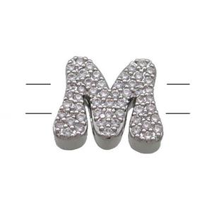 Copper Letter-M Beads Pave Zirconia 2holes Platinum Plated, approx 10-13mm