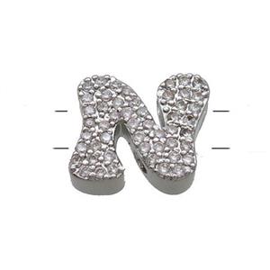 Copper Letter-N Beads Pave Zirconia 2holes Platinum Plated, approx 10-13mm
