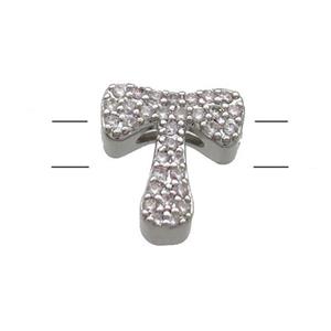 Copper Letter-T Beads Pave Zirconia 2holes Platinum Plated, approx 10-13mm