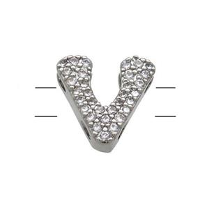 Copper Letter-V Beads Pave Zirconia 2holes Platinum Plated, approx 10-13mm