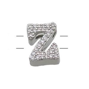 Copper Letter-Z Beads Pave Zirconia 2holes Platinum Plated, approx 10-13mm