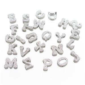 Copper Alphabet Beads Pave Zirconia 2holes Platinum Plated Mixed Letters, approx 10-13mm