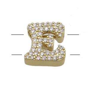 Copper Letter-E Beads Pave Zirconia 2holes Gold Plated, approx 10-13mm