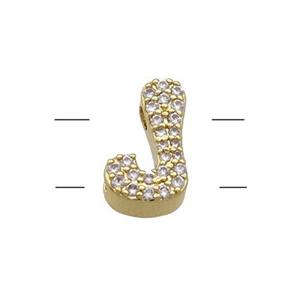 Copper Letter-J Beads Pave Zirconia 2holes Gold Plated, approx 10-13mm