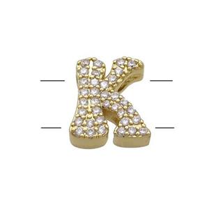Copper Letter-K Beads Pave Zirconia 2holes Gold Plated, approx 10-13mm