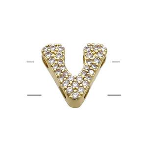 Copper Letter-V Beads Pave Zirconia 2holes Gold Plated, approx 10-13mm