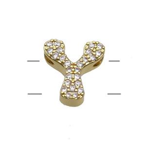 Copper Letter-Y Beads Pave Zirconia 2holes Gold Plated, approx 10-13mm