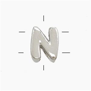 Copper Letter-N Beads 2holes Platinum Plated, approx 7-9.5mm