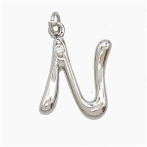 Copper Letter-N Pendant Pave Zirconia Platinum Plated, approx 12-17mm