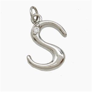 Copper Letter-S Pendant Pave Zirconia Platinum Plated, approx 12-17mm