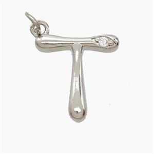 Copper Letter-T Pendant Pave Zirconia Platinum Plated, approx 12-17mm