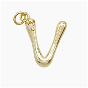 Copper Letter-V Pendant Pave Zirconia Gold Plated, approx 12-17mm