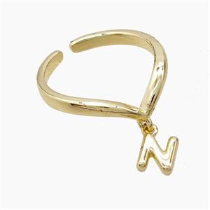 Copper Ring With Letter-N Gold Plated, approx 6-7mm, 18mm dia