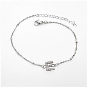 Copper Bracelet With Letter-E Pave Zirconia Platinum Plated, approx 6-9mm, 19-24cm length